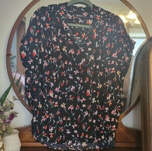 Madewell Black Floral Blouse with Red and Pink Accents